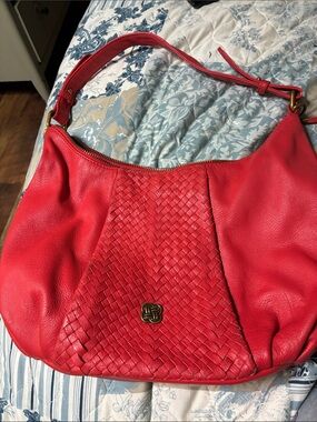 Elliott Lucca Red Woven-Panel Shoulder Bag
